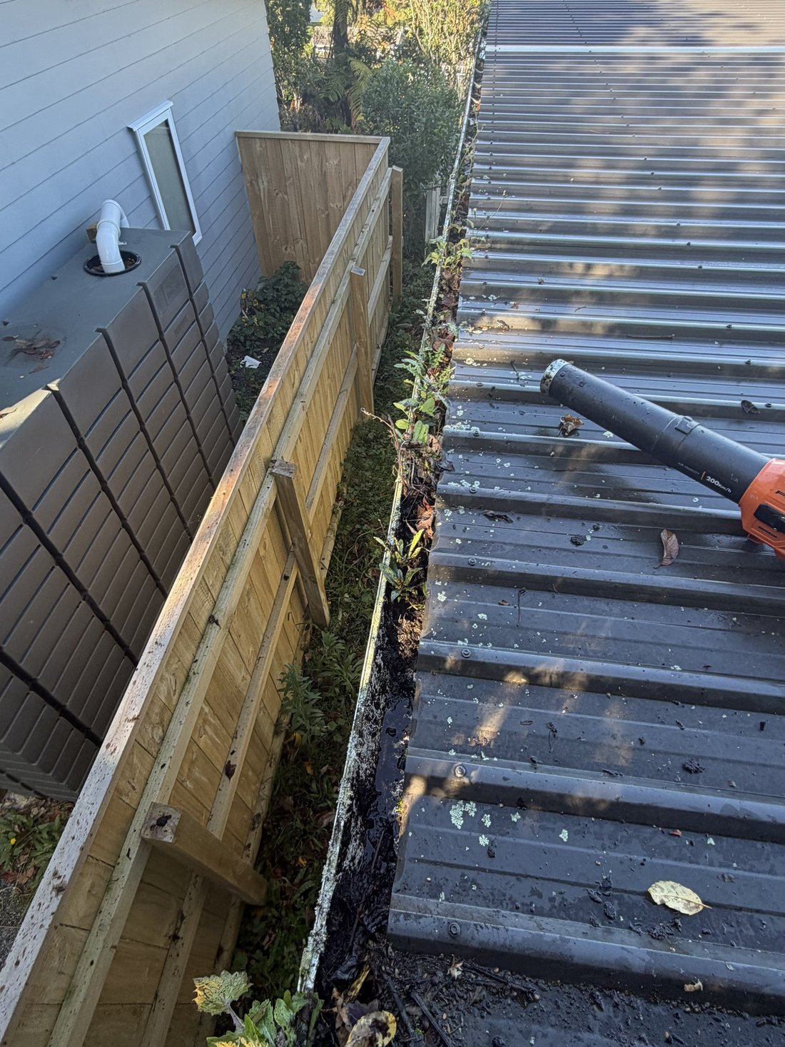 Gutter full of moss and debris before clearance — Tidy Troopers